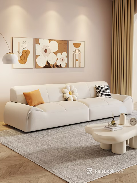 Modern Living Room With White Leather Sofa Colorful Cushions Wall Art And Beige Curtains 3d model 