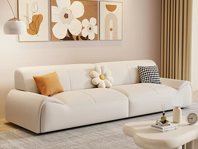 Modern Living Room With White Leather Sofa Colorful Cushions Wall Art And Beige Curtains 3d model