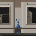 Two Abstract Paintings In Modern Interior With Blue Rabbit Sculpture 3d model