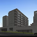 Modern High Rise Residential Building with White Exterior Balconies Green Plants and Parking Lot