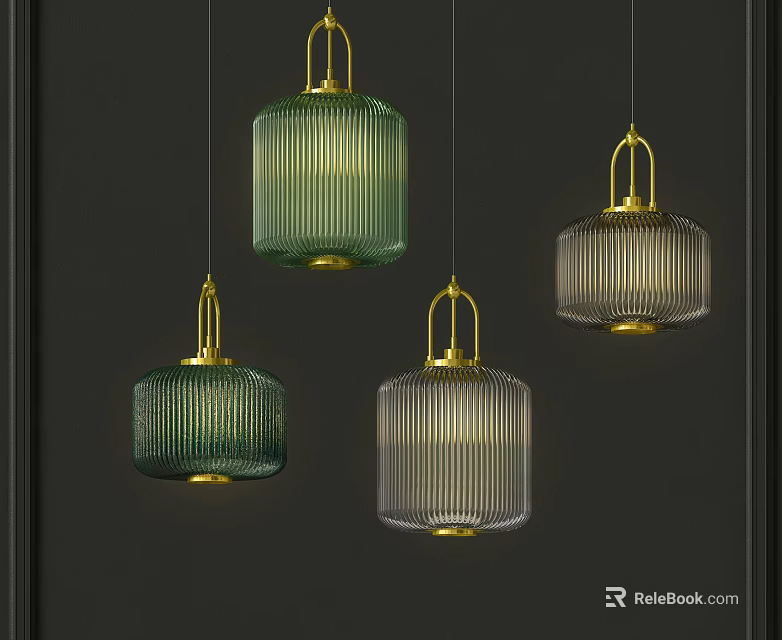 Four Modern Ribbed Glass Pendant Lights With Gold Accents On Dark Background 3d model 