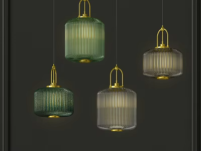 Four Modern Ribbed Glass Pendant Lights With Gold Accents On Dark Background 3d model