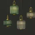 Four Modern Ribbed Glass Pendant Lights With Gold Accents On Dark Background