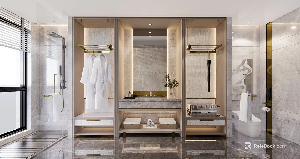 Hotel Guest Room Bathroom with Marble Walls Modern Mirror Bathrobes Vanity and Potted Plant 3d model 