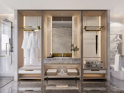 Hotel Guest Room Bathroom with Marble Walls Modern Mirror Bathrobes Vanity and Potted Plant 3d model
