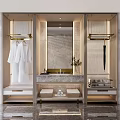 Hotel Guest Room Bathroom with Marble Walls Modern Mirror Bathrobes Vanity and Potted Plant