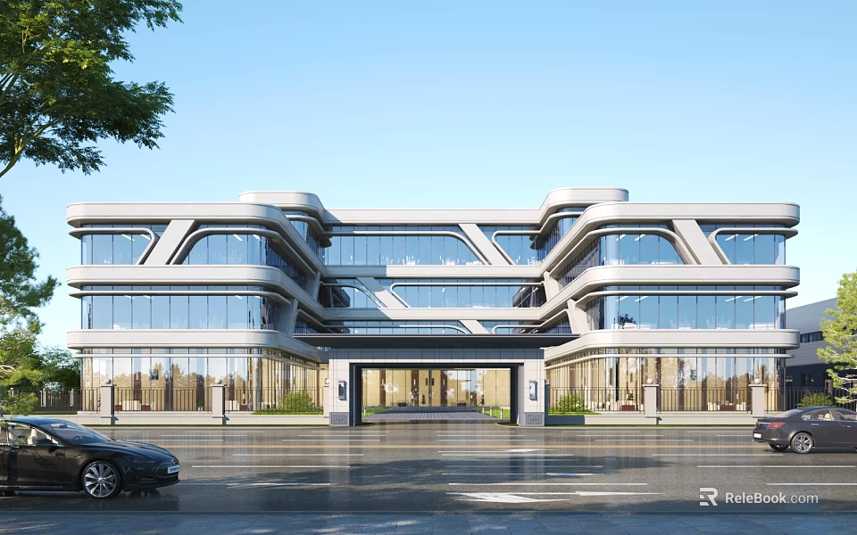 Modern Multi Story Office Building Exterior With Glass Curtain Wall And Geometric Design 3d model 