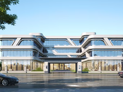 Modern Multi Story Office Building Exterior With Glass Curtain Wall And Geometric Design 3d model