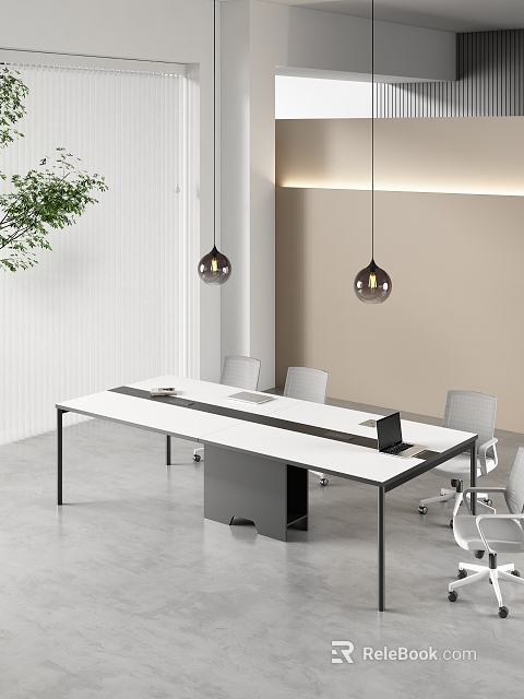 Modern Conference Room Interior With Long White Table Gray Chairs Pendant Lights And Green Plant 3d model 