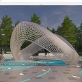 Modern Curved Outdoor Sculpture With Blue Circular Patterns Trees And Visitors Nearby