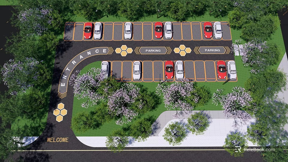 Eco Friendly Parking Lot Design With Green Plants Entrance Exit And Natural Landscape 3d model 
