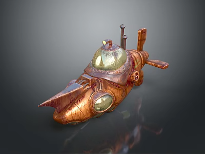 Copper Colored Steampunk Submarine Water Vehicle With Transparent Dome And Mechanical Propeller 3d model