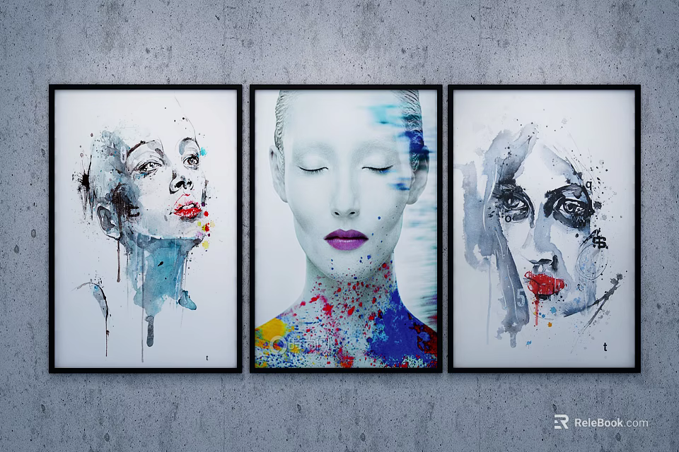 Three Framed Abstract Portrait Paintings on Gray Wall with Colorful Splashes and Facial Expressions 3d model 