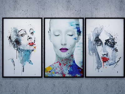 Three Framed Abstract Portrait Paintings on Gray Wall with Colorful Splashes and Facial Expressions 3d model
