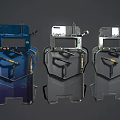 Three Different Mechanical Armors With Metallic Texture And Decorative Patterns