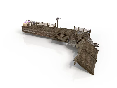 Rustic Wooden Dock Structure With Railings Lantern Post And Decorative Items 3d model