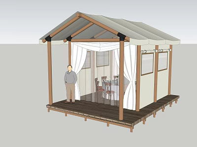Wooden Outdoor Pavilion With White Curtains Deck Platform And Seating Area 3d model
