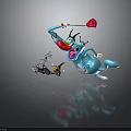 Funny Dynamic Blue Cartoon Cat Playfully Chasing Small Black Creature With Red Flyswatter