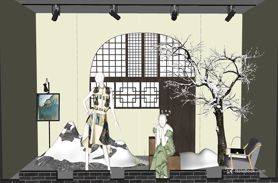 Traditional Window Display With Mannequins Traditional Lattice Window And Snow Scene Decoration 3d model 