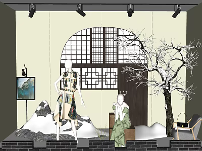 Traditional Window Display With Mannequins Traditional Lattice Window And Snow Scene Decoration 3d model