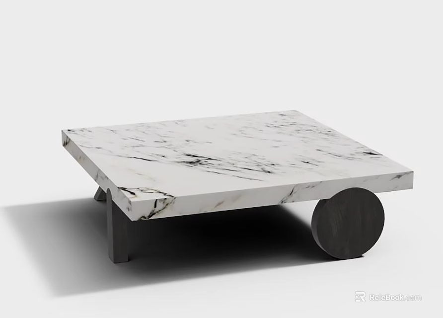 Modern Square Coffee Table With White Marble Top And Black Round Base 3d model