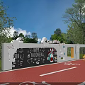 Decorative Halloween Themed Building Exterior Wall Featuring Cartoon Elements And Green Trees
