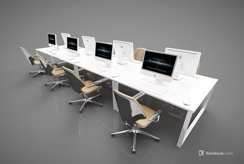 Modern Office Desks With Multiple Computers And Comfortable Chairs In Workspace 3d model 