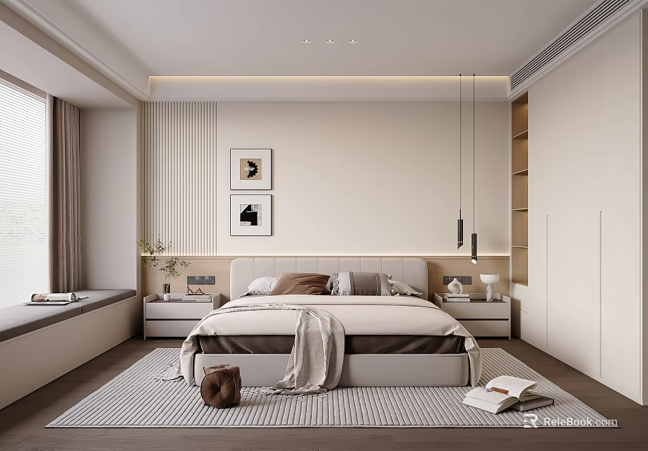Modern Minimalist Bedroom Interior With Bedside Tables Decorative Paintings Pendant Light And Area Rug 3d model 