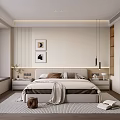 Modern Minimalist Bedroom Interior With Bedside Tables Decorative Paintings Pendant Light And Area Rug
