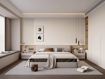 Modern Minimalist Bedroom Interior With Bedside Tables Decorative Paintings Pendant Light And Area Rug 3d model