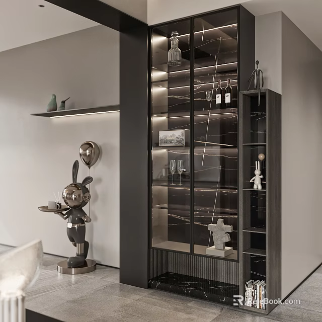 Sleek Modern Wine Cabinet Featuring Glass Doors Interior Lighting And Decorative Sculptures 3d model 