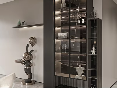 Sleek Modern Wine Cabinet Featuring Glass Doors Interior Lighting And Decorative Sculptures 3d model