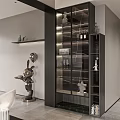 Sleek Modern Wine Cabinet Featuring Glass Doors Interior Lighting And Decorative Sculptures