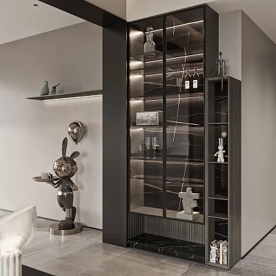 Sleek Modern Wine Cabinet Featuring Glass Doors Interior Lighting And Decorative Sculptures 3d model