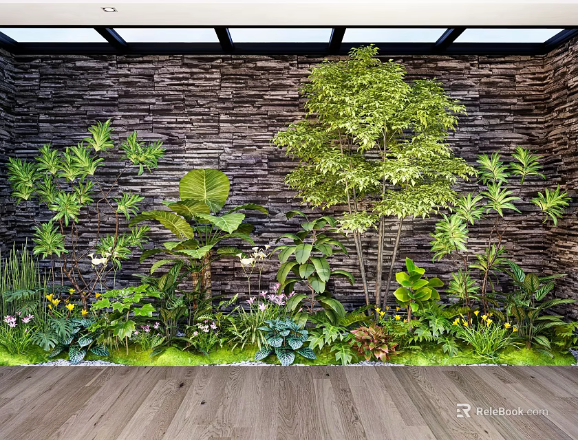 Lush Indoor Landscape With Diverse Green Plants Stone Wall Wooden Floor And Ceiling Lighting 3d model 