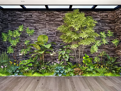 Lush Indoor Landscape With Diverse Green Plants Stone Wall Wooden Floor And Ceiling Lighting 3d model