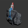 Beautiful Mythical Mermaid With Red Hair And Blue Tail Standing On Gray Rock
