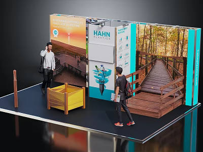 HAHN Trade Show Booth Featuring People Wooden Walkway Yellow Bin And Display Boards 3d model