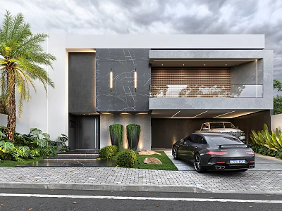 Modern Detached Villa Exterior Design With Palm Tree Garage Parked Car And Landscaping 3d model