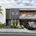 Modern Detached Villa Exterior Design With Palm Tree Garage Parked Car And Landscaping