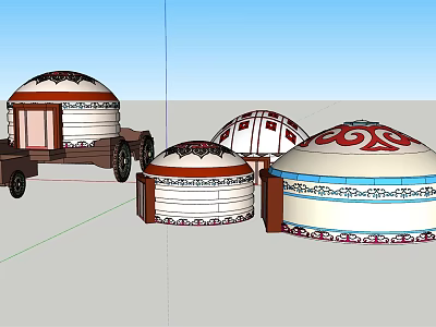 Traditional Mongolian Yurts With Ornate Patterns And Mobile Wooden Cart Design 3d model
