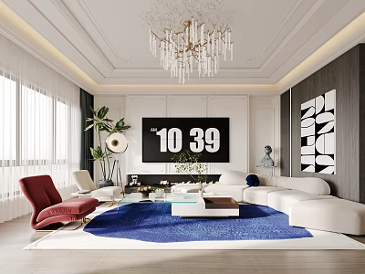 Modern Living Room Interior With White Sofa Blue Rug Red Armchair And Crystal Chandelier 3d model