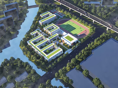 School Buildings In Modern Campus Featuring Green Roofs Sports Field River And Trees 3d model