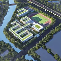 School Buildings In Modern Campus Featuring Green Roofs Sports Field River And Trees