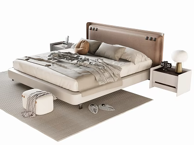 Modern Double Bed With Upholstered Headboard Linens Pillows Throw Blanket Nightstands Lamp And Rug 3d model