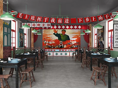 Retro Revolutionary Themed Restaurant Interior With Red Decor Posters And Wooden Tables 3d model