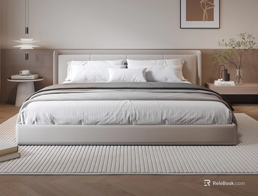 Modern Minimalist Double Bed with Light Headboard White Pillows Gray Quilt Light Rug Nightstand Wall Art 3d model 