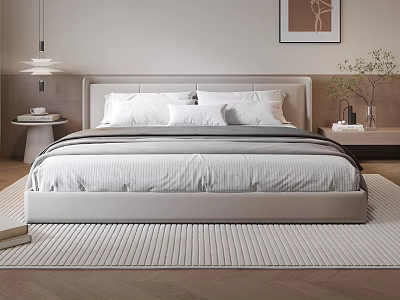 Modern Minimalist Double Bed with Light Headboard White Pillows Gray Quilt Light Rug Nightstand Wall Art 3d model