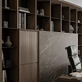 Modern Office Desk and Chair Set with Wooden Top Marble Background Bookshelves Computer and Lamp