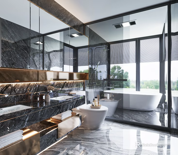 Modern Luxurious Bathroom Interior With Marble Walls Double Vanity And Freestanding Bathtub 3d model 